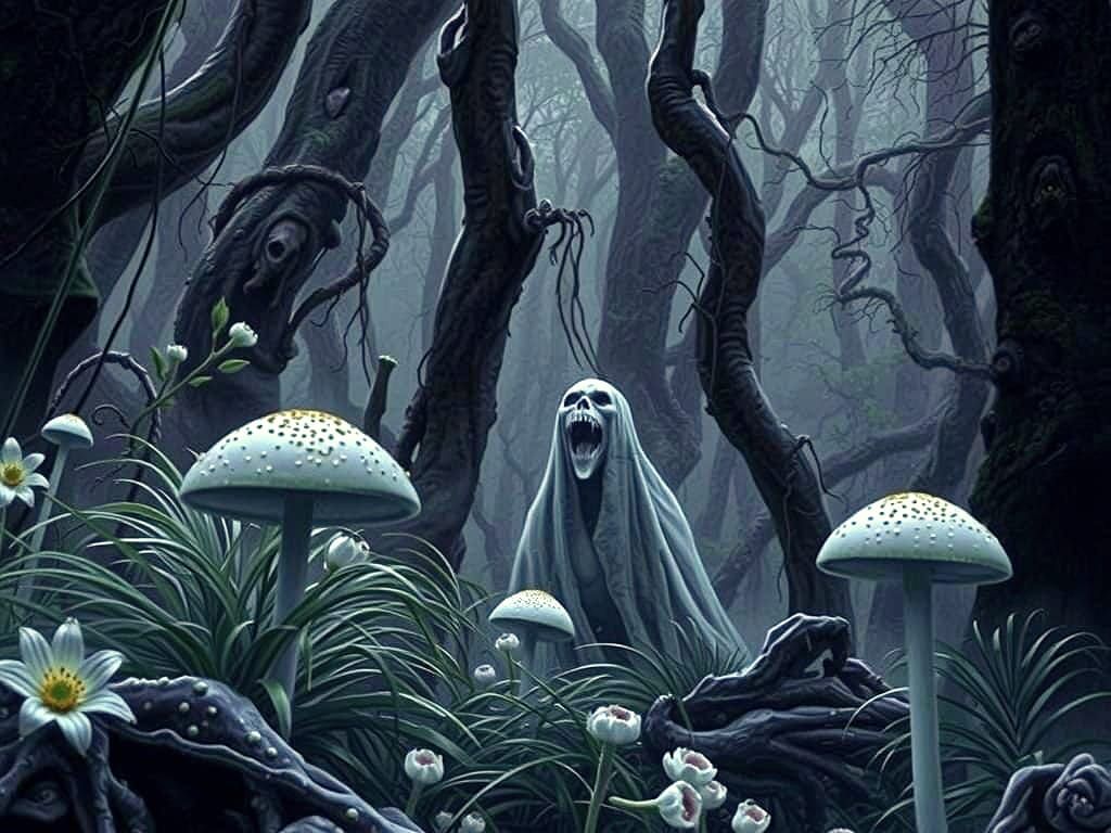 Eerie Forest Creatures in Dreamlike Landscape