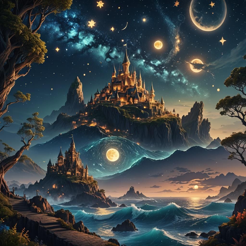 Oceanic Kingdom Under Starry Night Sky