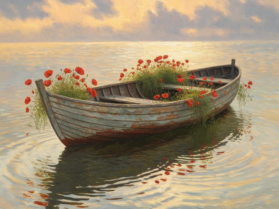 Poppy-Filled Rowboat on Calm Water: Impressionistic Oil Pain...