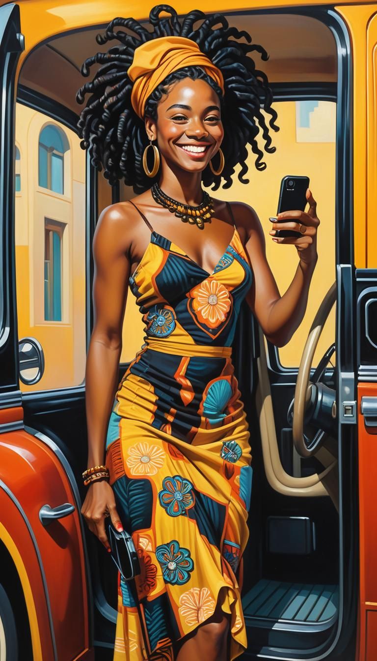 Smiling Woman in Uber: Art Deco Oil Painting