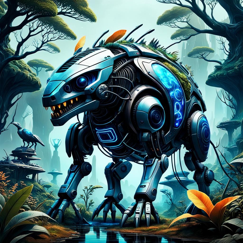 Cybernetic Wildlife in Harmonious Futuristic Ecosystem