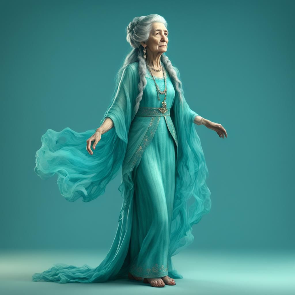 Elegant Old Woman in Turquoise Outfit: 3D Character Art