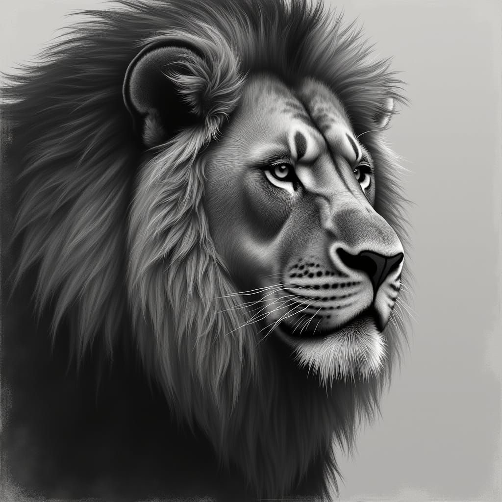 Wild Lion with Scar in Hyperdetailed Charcoal Drawing