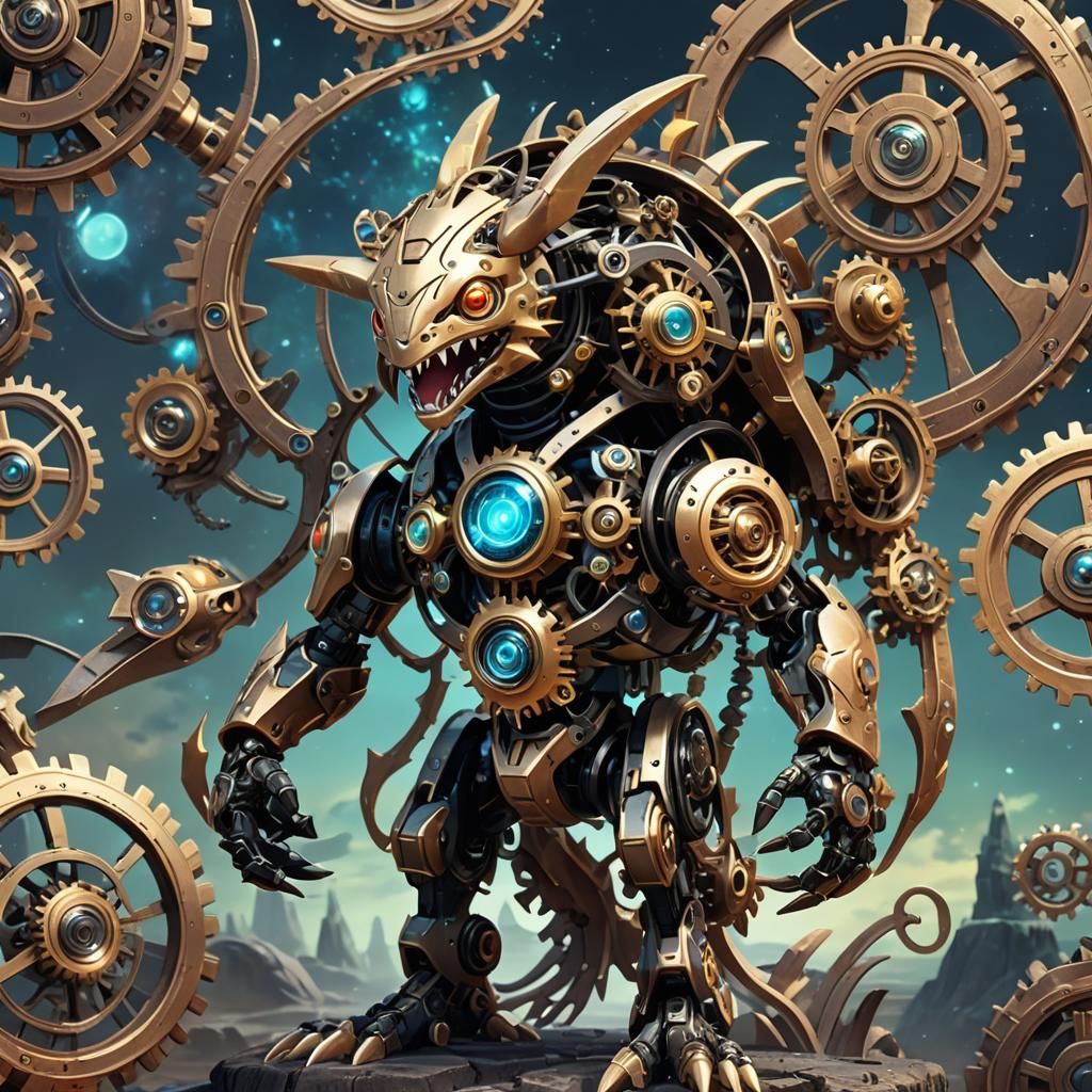 Clockwork Pokémon Creature in Dreamlike Setting