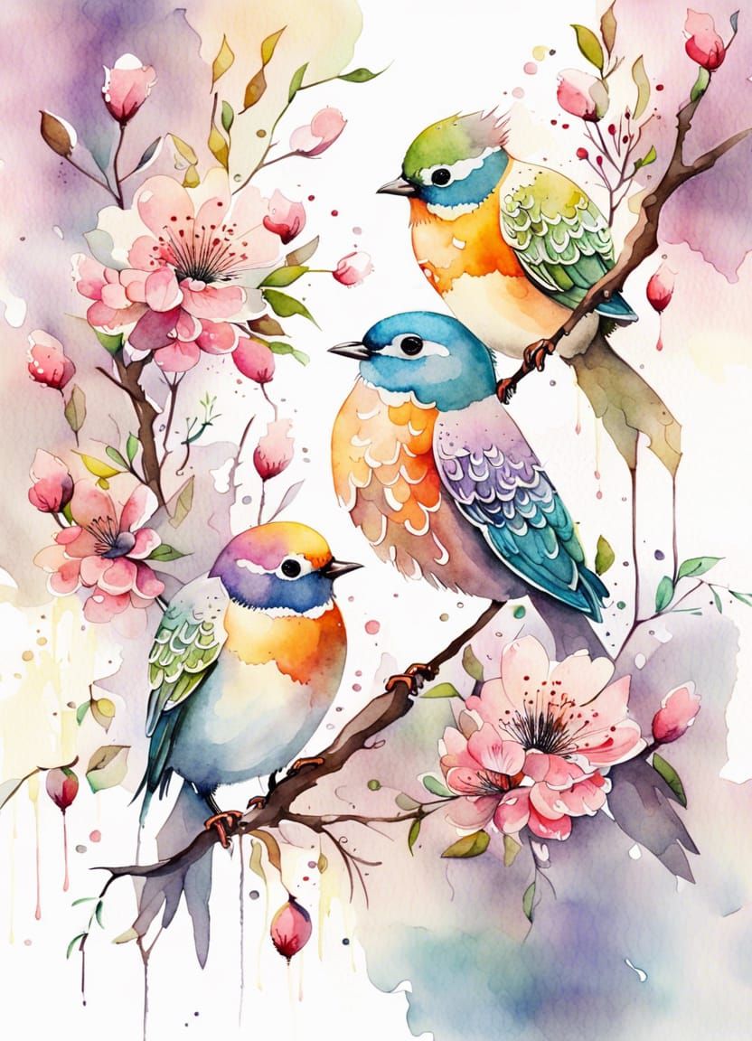 Watercolor Birds on a Blooming Tree