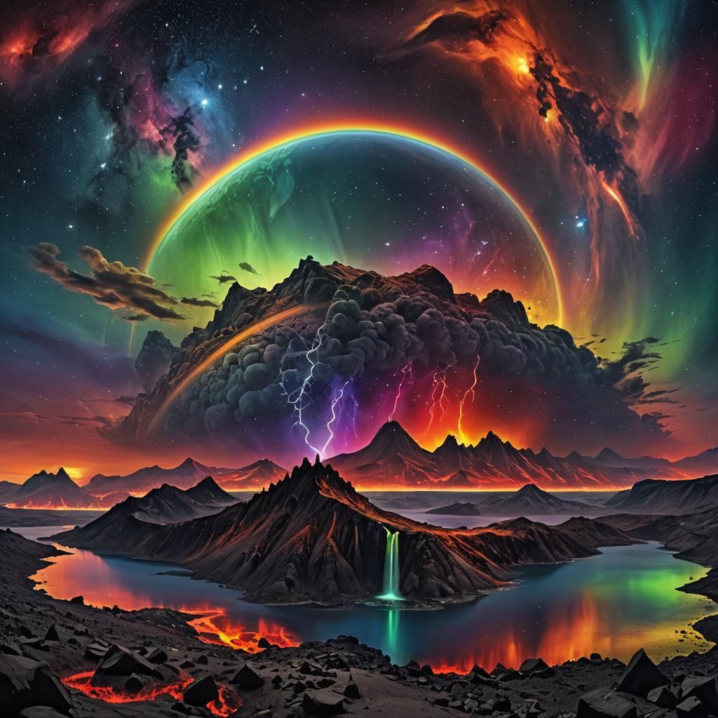 Apocalyptic Rainbow Landscape with Aurora Borealis