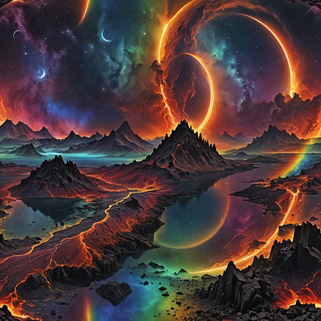 Apocalyptic Rainbow Landscape with Volcanic Island