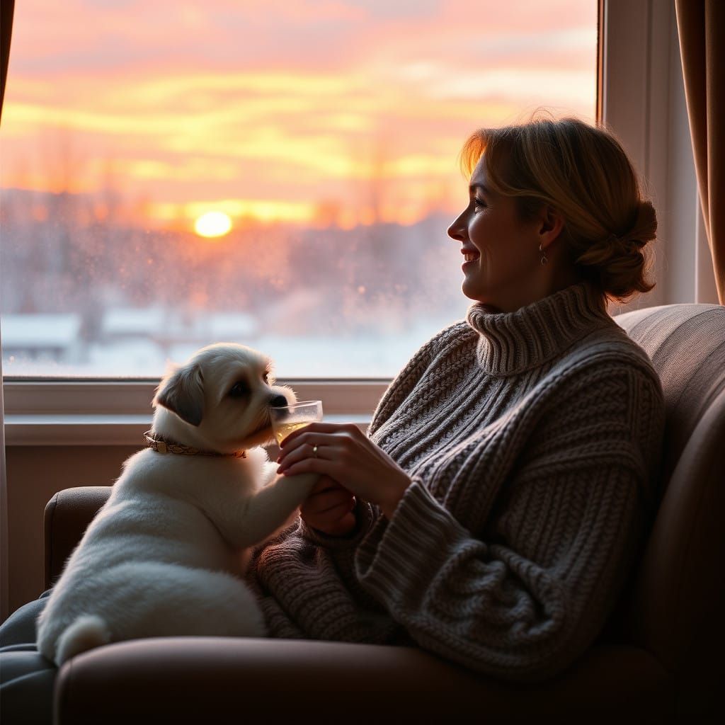 Cozy Winter Scene with Woman and Small White Dog