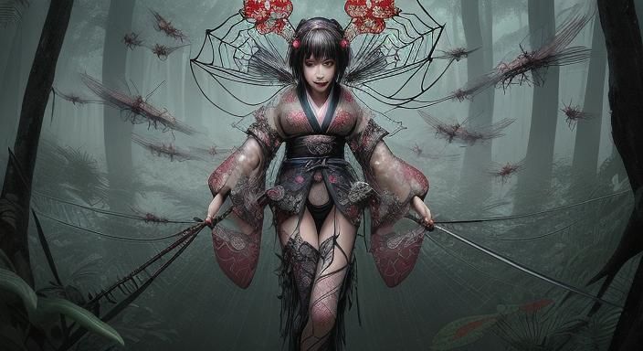 Kimono Spider Girl Sword Dance in Forest