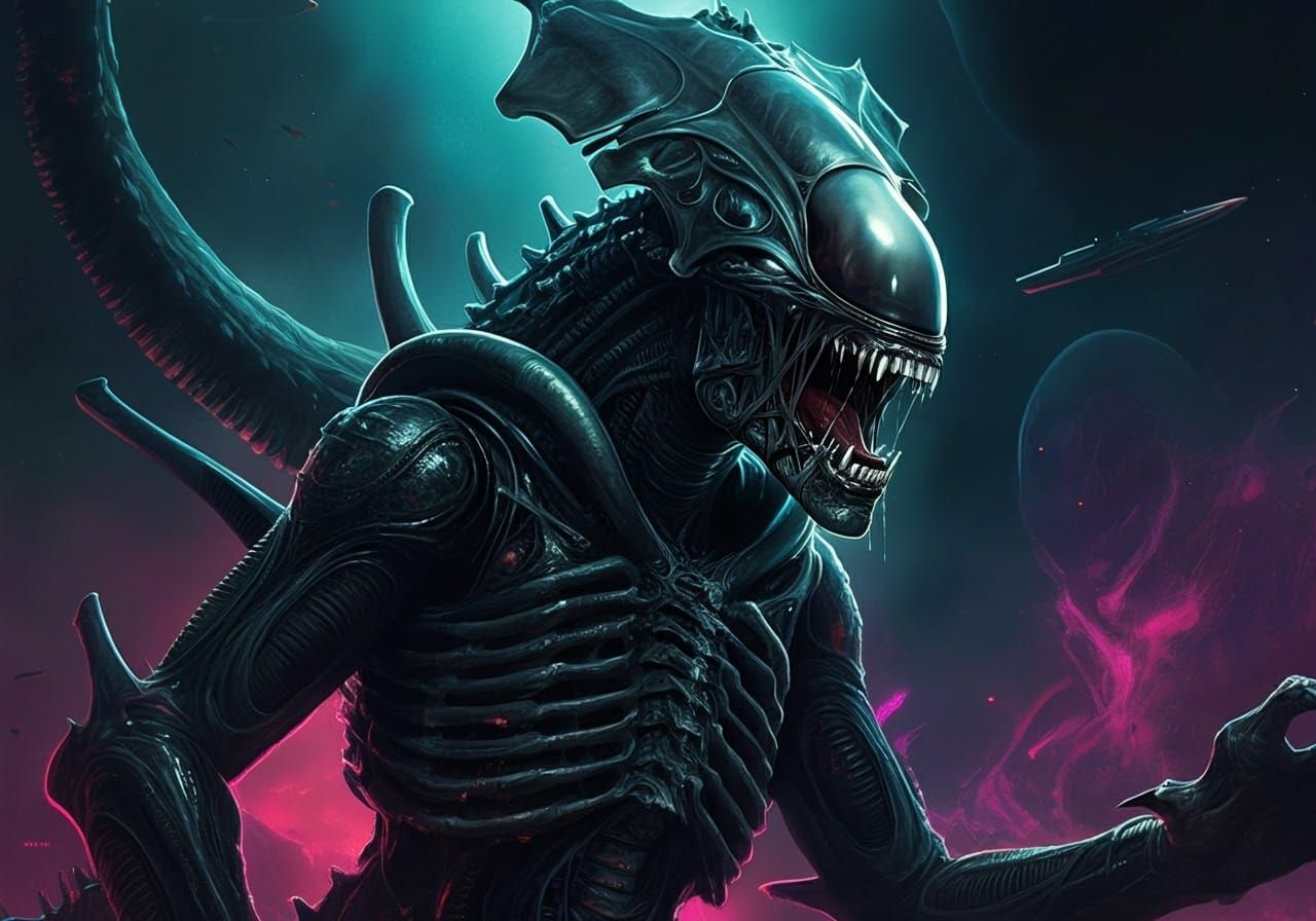 Kaiju Devours Xenomorph Queen in Sci-Fi Landscape