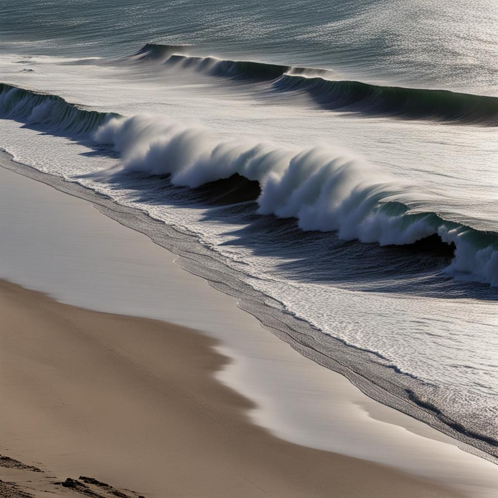 Sunny Beach Scene with Large Waves