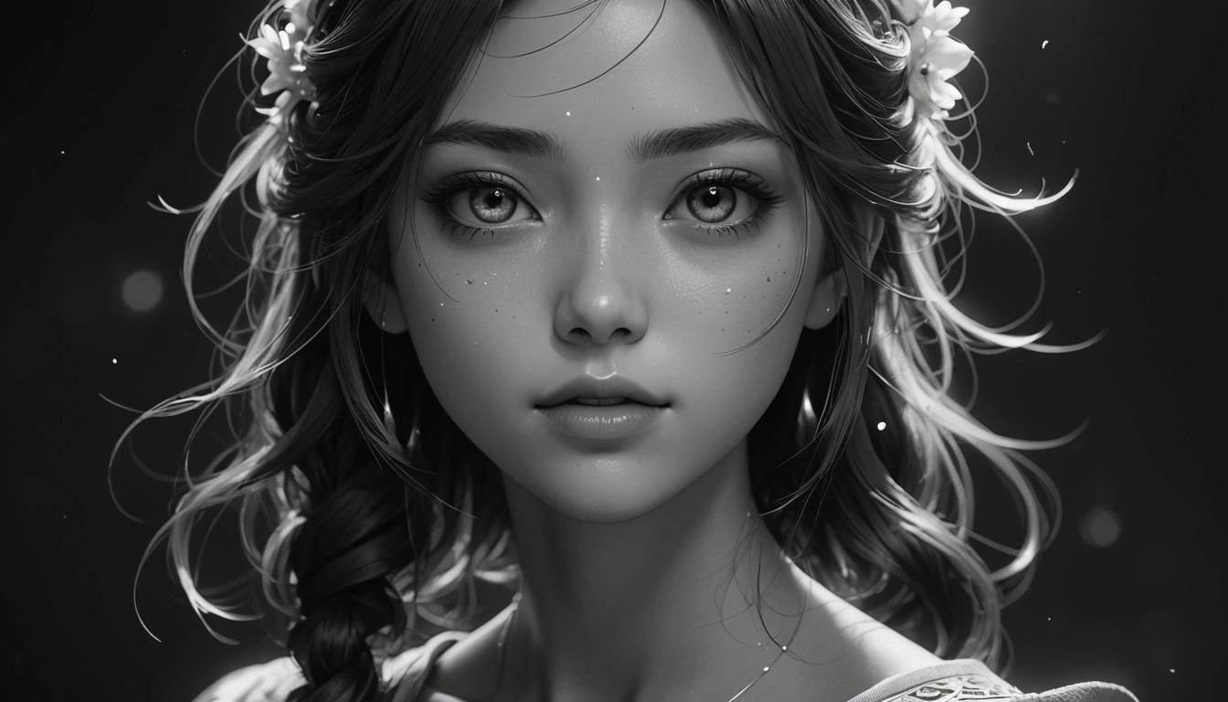 Dreamy Anime Girl Portrait in Black and White