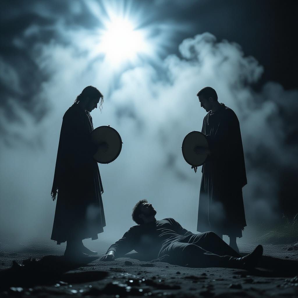 Mystical Nocturnal Drums Exploding in Light, Figures Fade in...