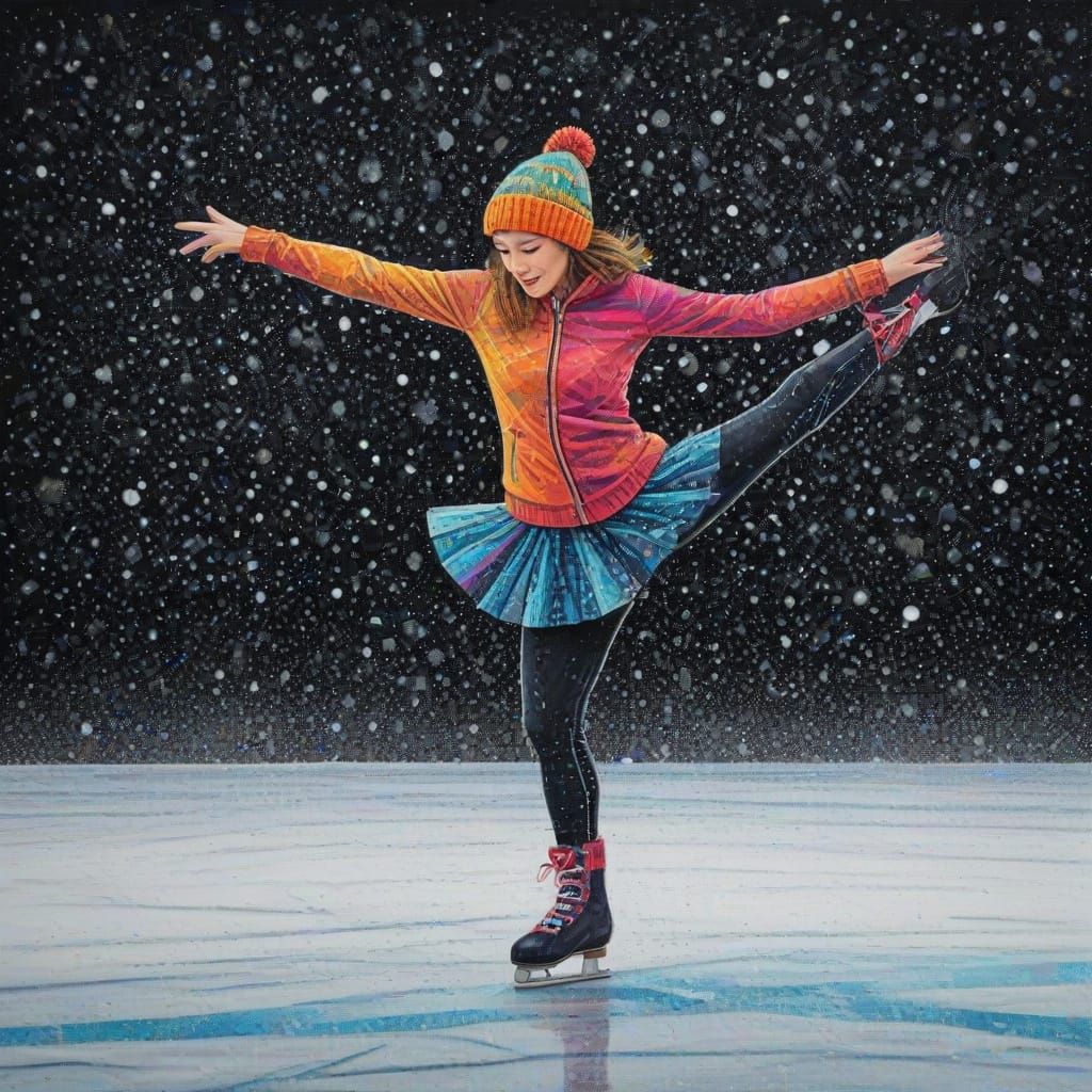 Geometric Ice Skater Amidst Swirling Snowfall