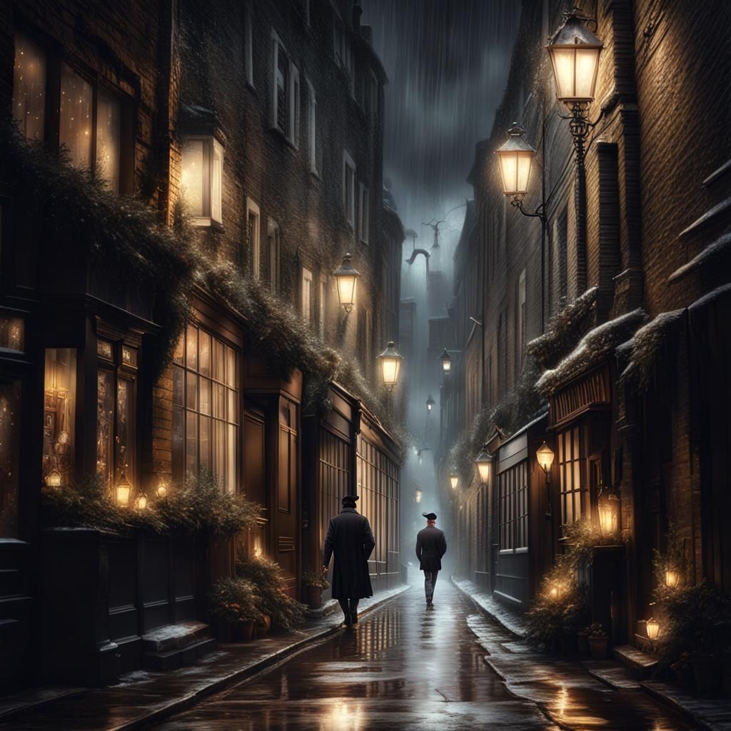 Festive London Alleyway at Night: Dark Fantasy Concept