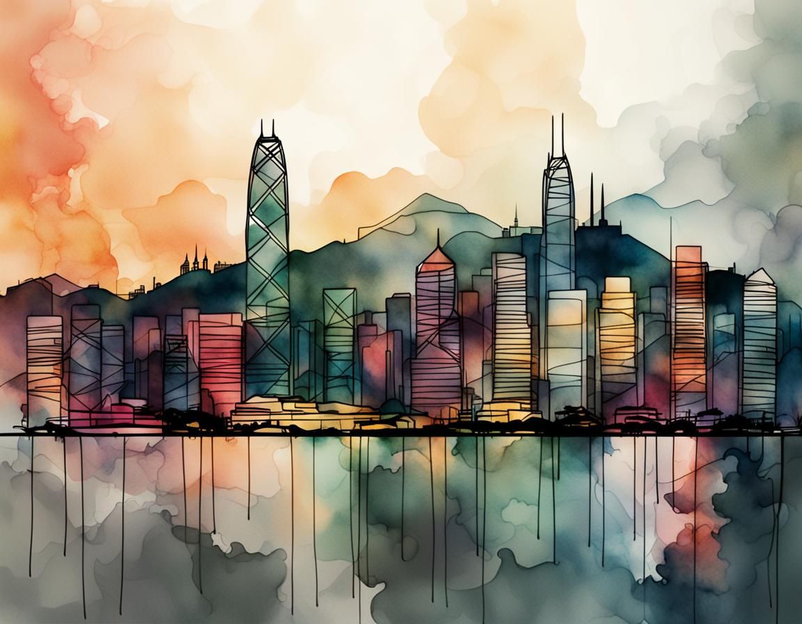 Hong Kong Skyline in Minimalist Watercolor Art