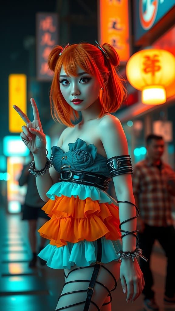 Cute Anime Girl Poses in Peace Sign with Bombs in the Backgr...