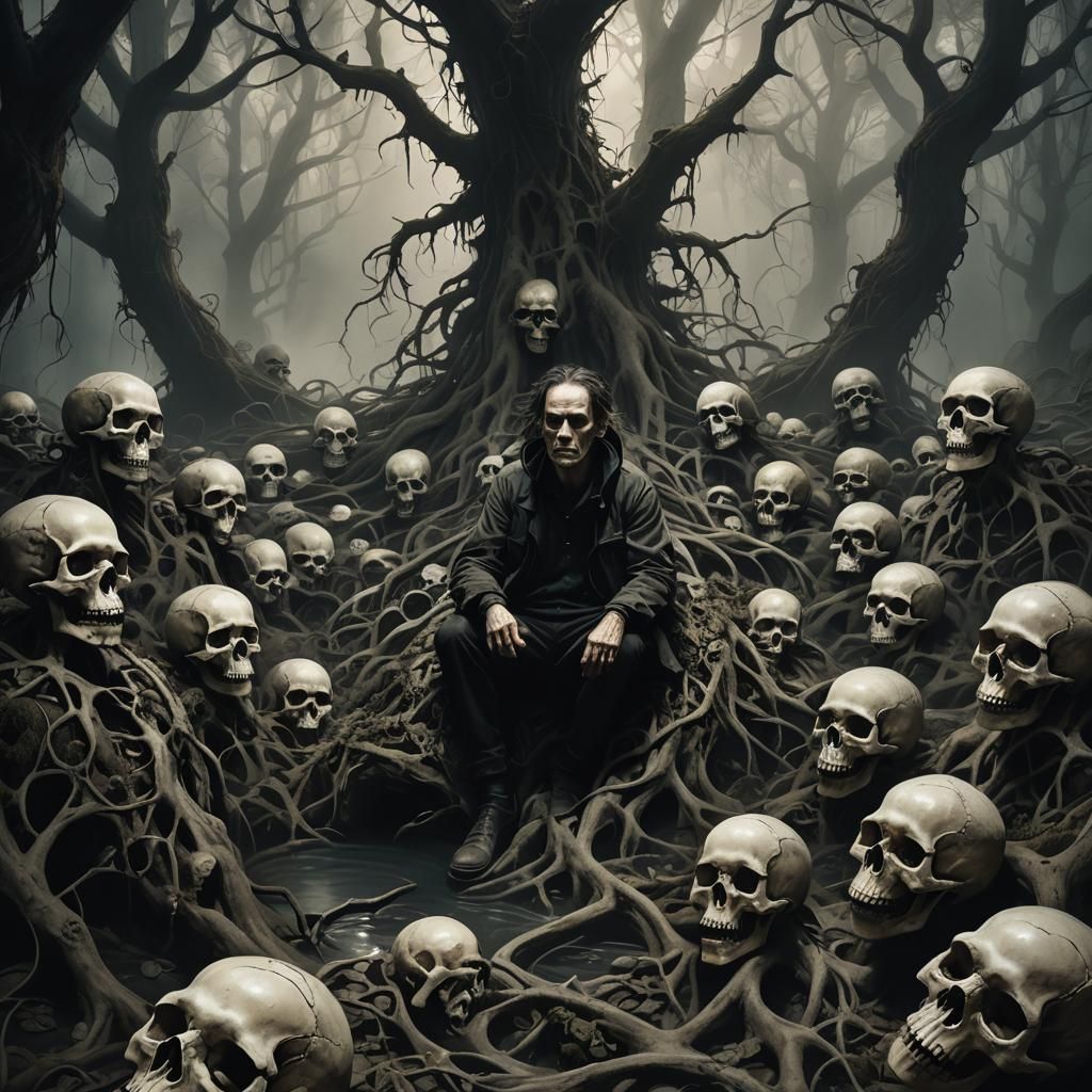 Surreal Dark Fantasy: Person Lost in Eerie Forest