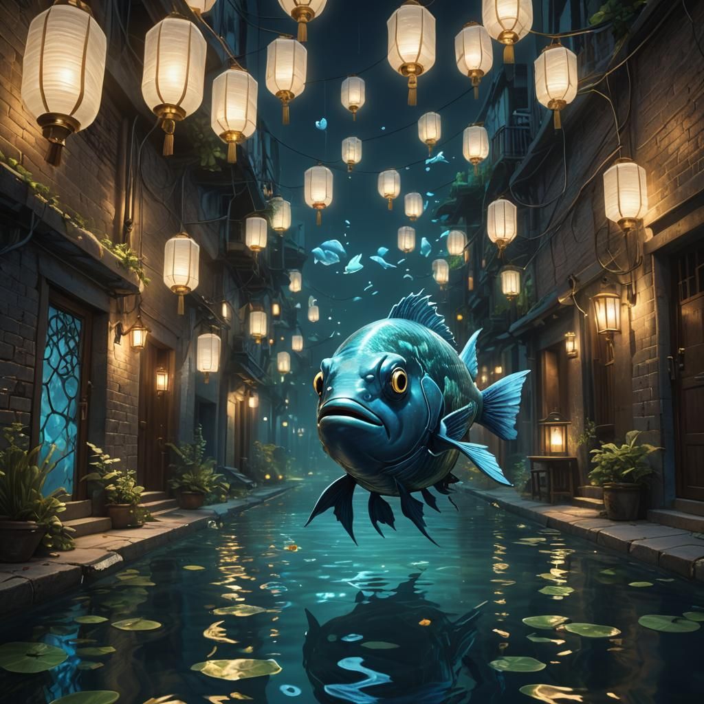 Blue Fish in Underwater City: Hyperrealistic Concept Art