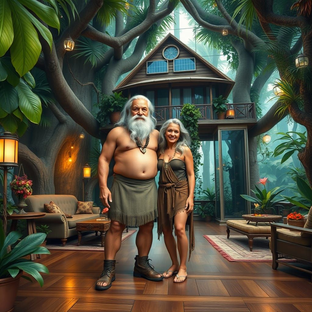 Elderly Tarzan and Jane in Luxurious Jungle Treehouse