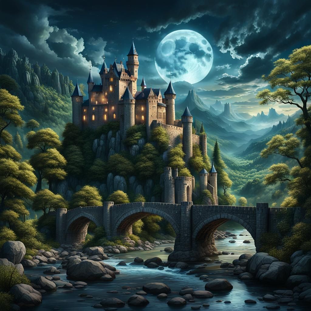 Medieval Castle Under a Full Moonlit Sky