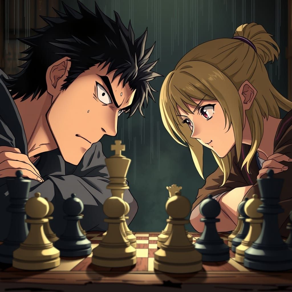 Tense Chess Match Between Two Anime Characters