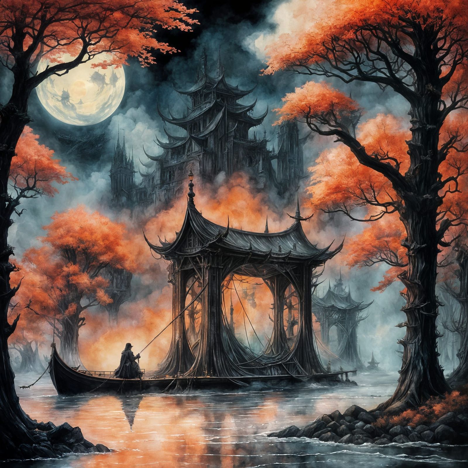 Ethereal Fishermen Mending Glowing Nets on Cloud Pier