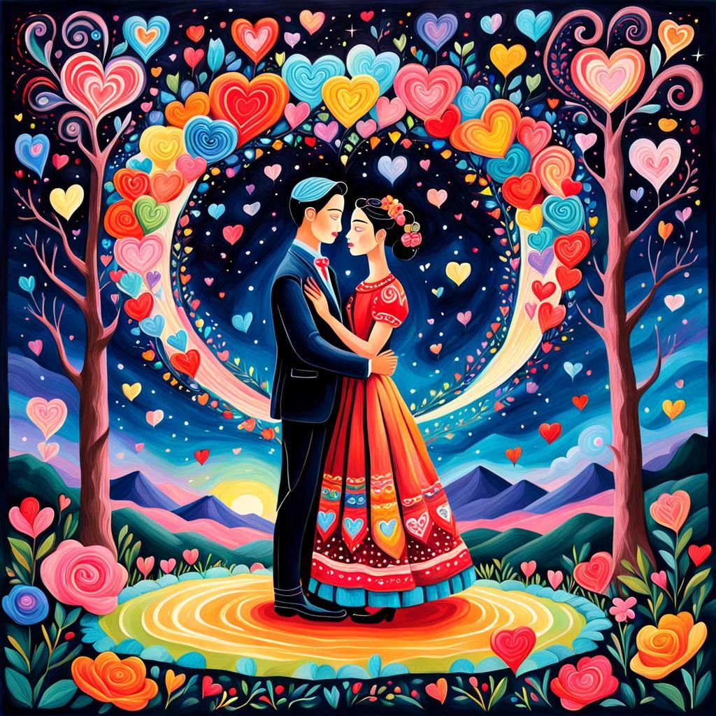 Hearts Aglow: Lovers Under Starry Sky, Frida Kahlo Style