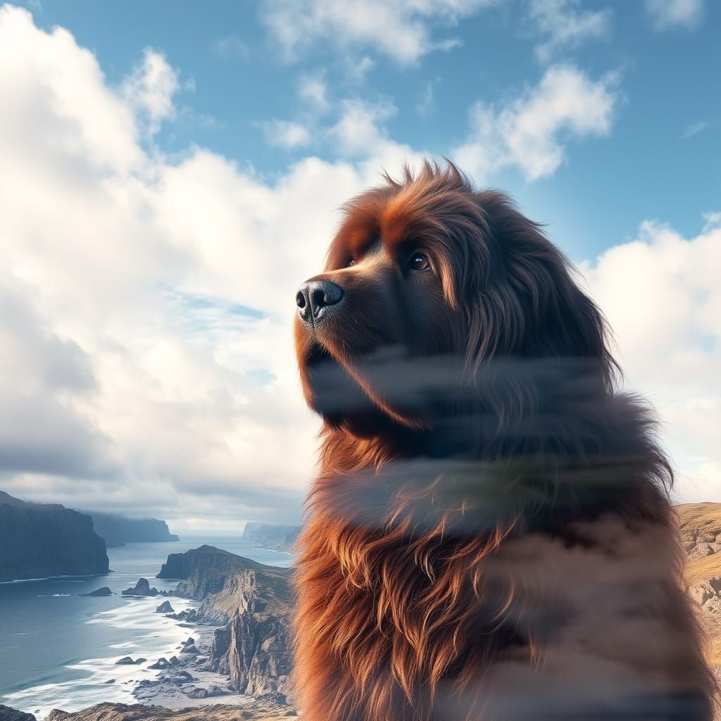 Newfoundland Dog Double Exposure on Cloudy Shore
