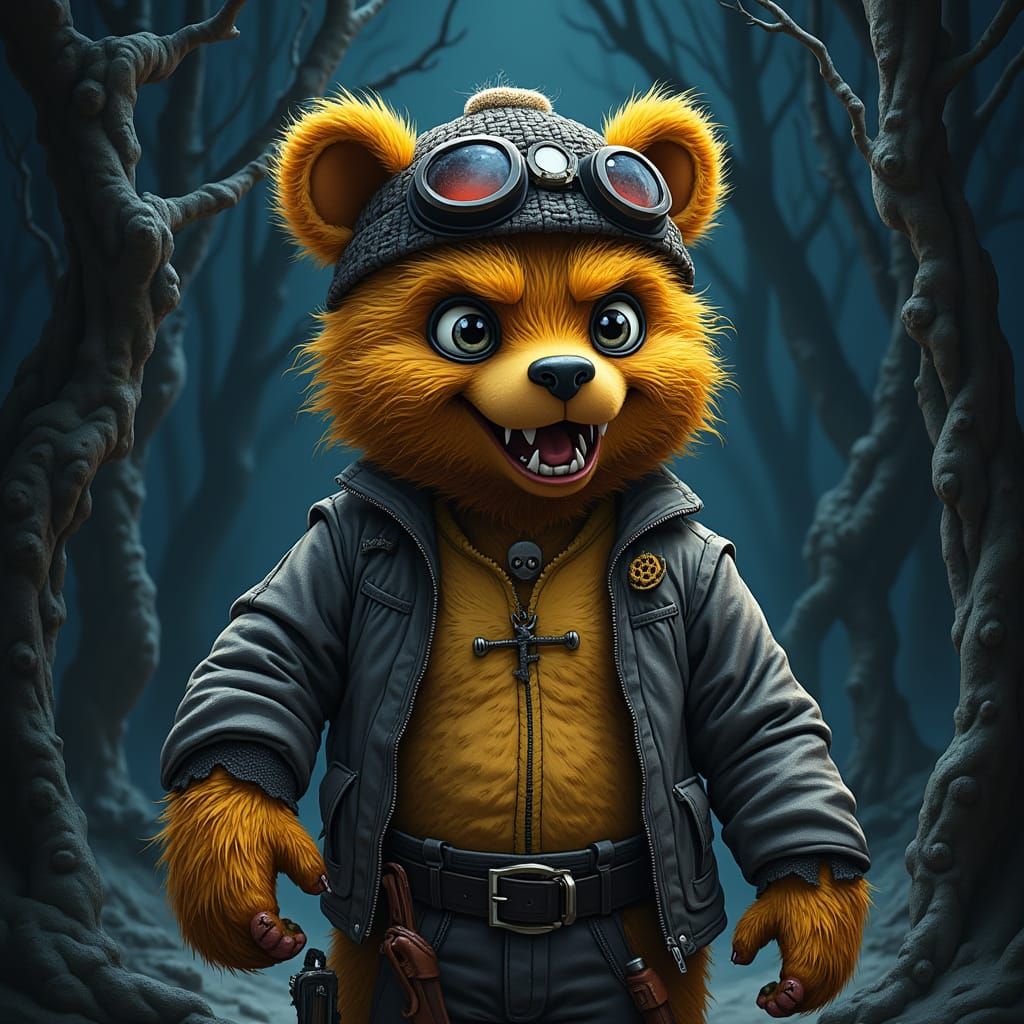Ominous Boonie Bear with Knife in Forest, Digital Art