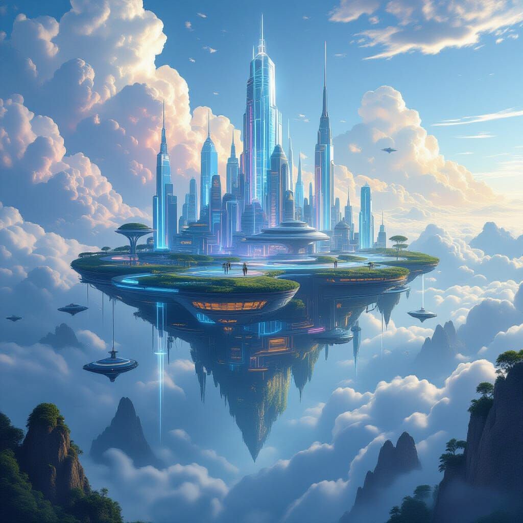 Floating Island City Amidst Iridescent Clouds