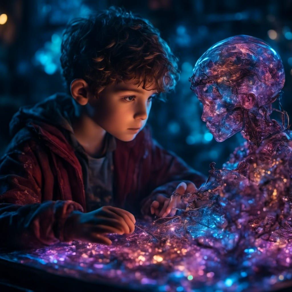 Boy and Mother Hologram in Cyberpunk Style