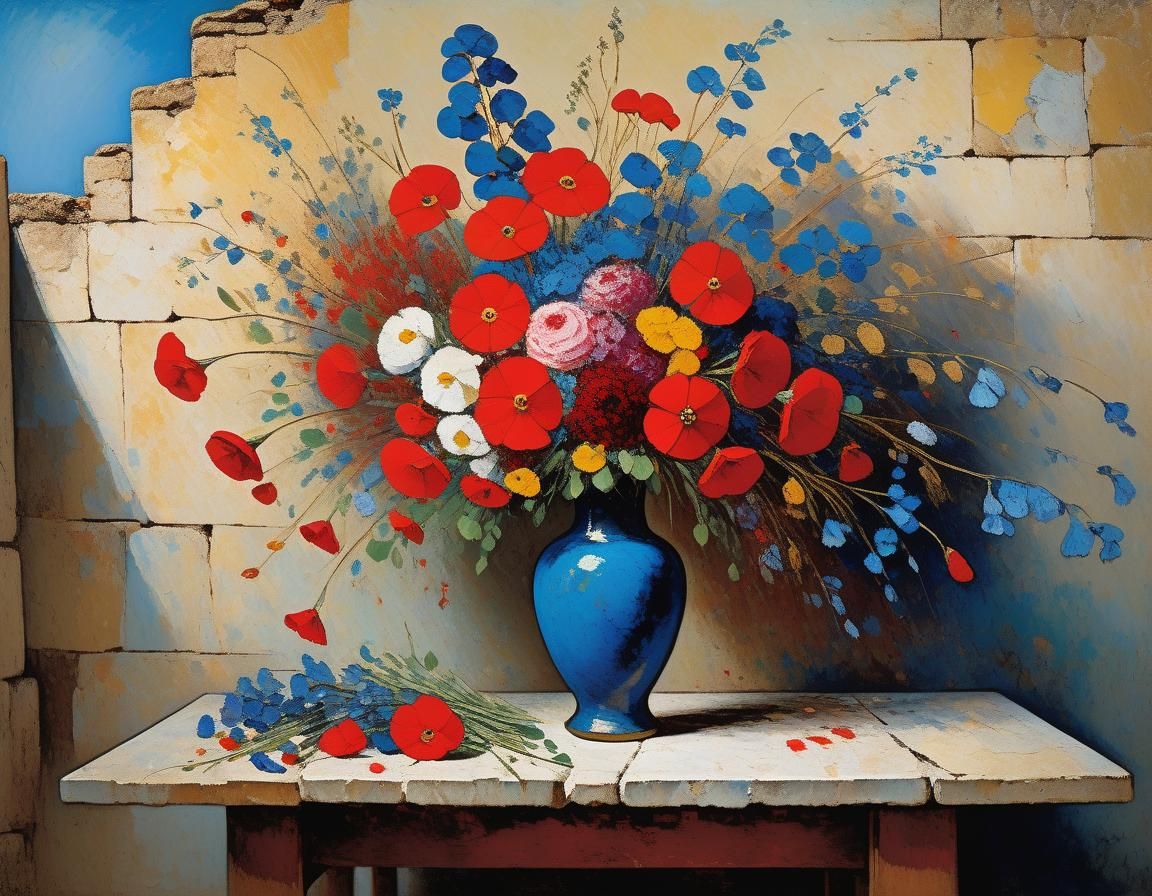 Bridal Bouquet Against Stone Wall in Impressionistic Style