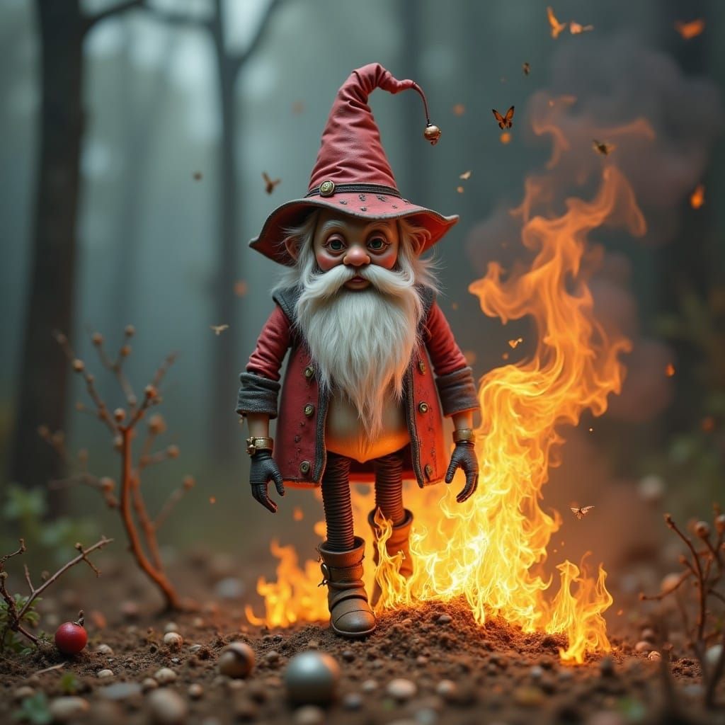 Cute Surreal Robot Gnome Emerges from Fiery Smoke