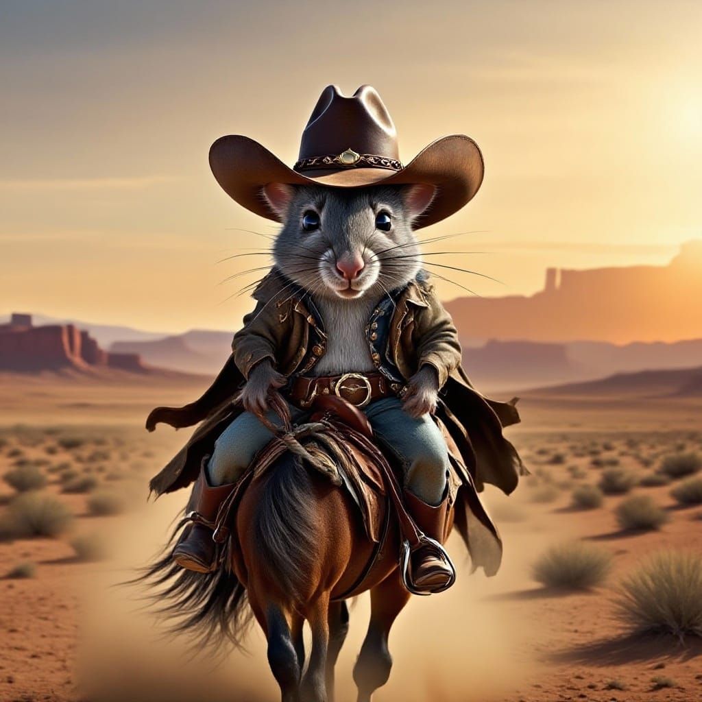 Mouse Cowboy Rides Horse at Sunset in Old West