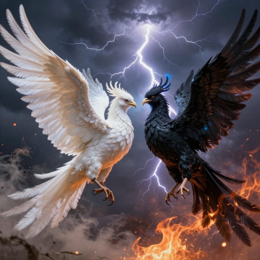White Phoenix Versus Black Phoenix in Stormy Sky