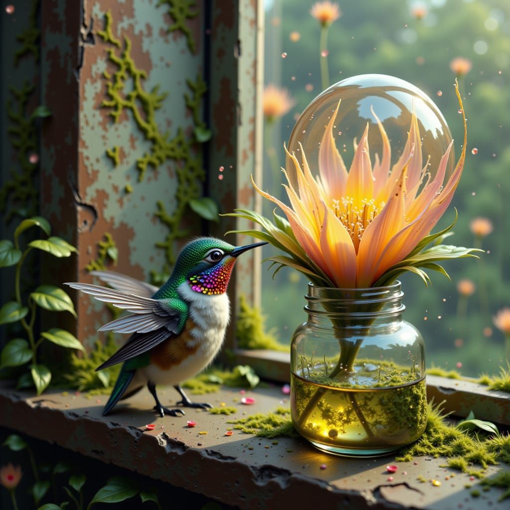Hummingbird Sipping Nectar From Flower in Glass Jar