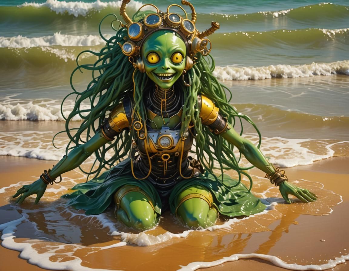 Happy Green Alien Girl on Red Beach