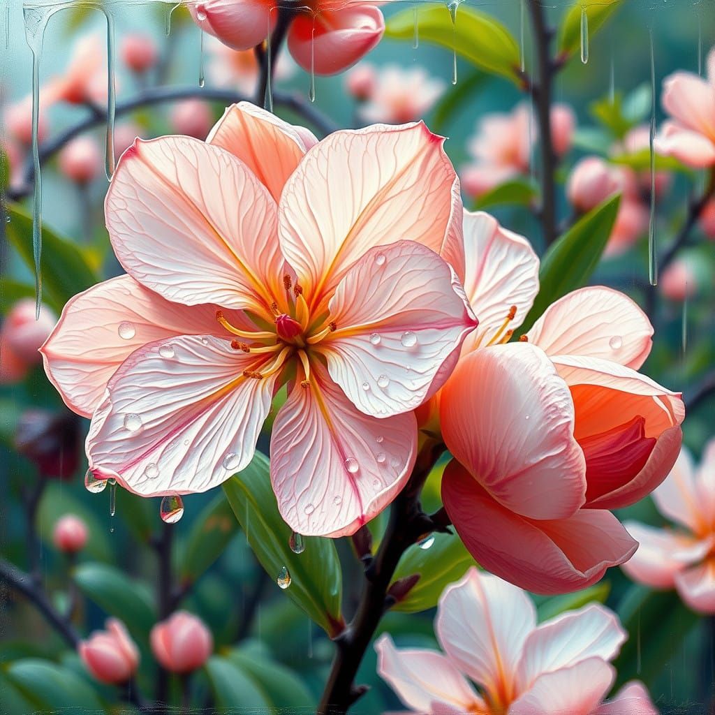 Peach Blossoms in Impasto Oil Painting Style