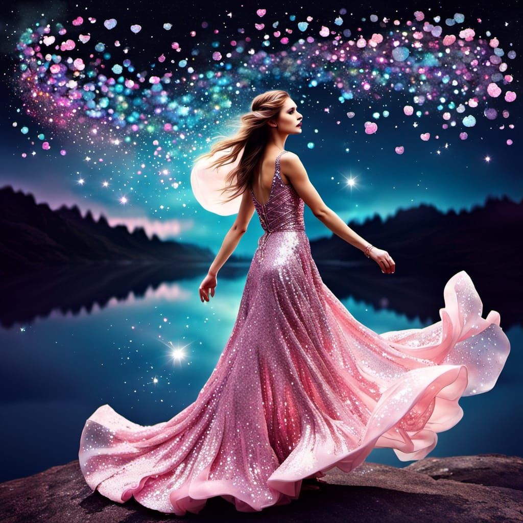 Dreamy Sparkling Woman in a Pink Swirly Cloudscape