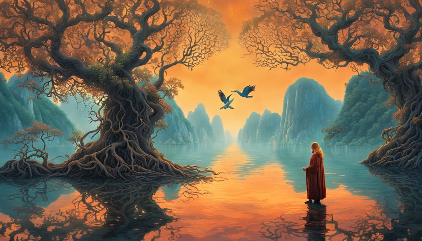 Surreal Ha Long Bay Dreamscape with Golden Hair Goddess