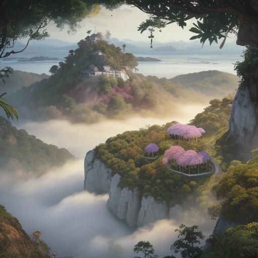 Rare Flower Budding on Misty Hilltop: Watercolor Illustratio...