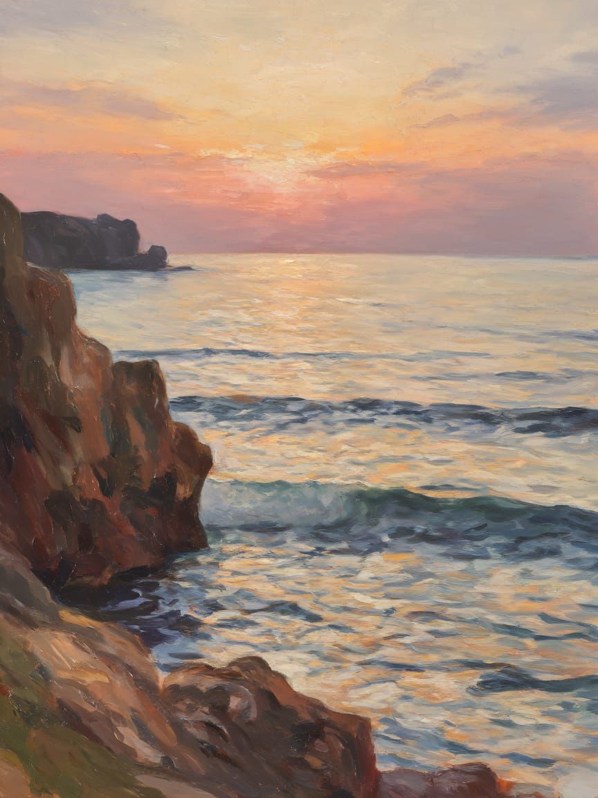 Impressionist Seascape at Dusk with Warm Glow