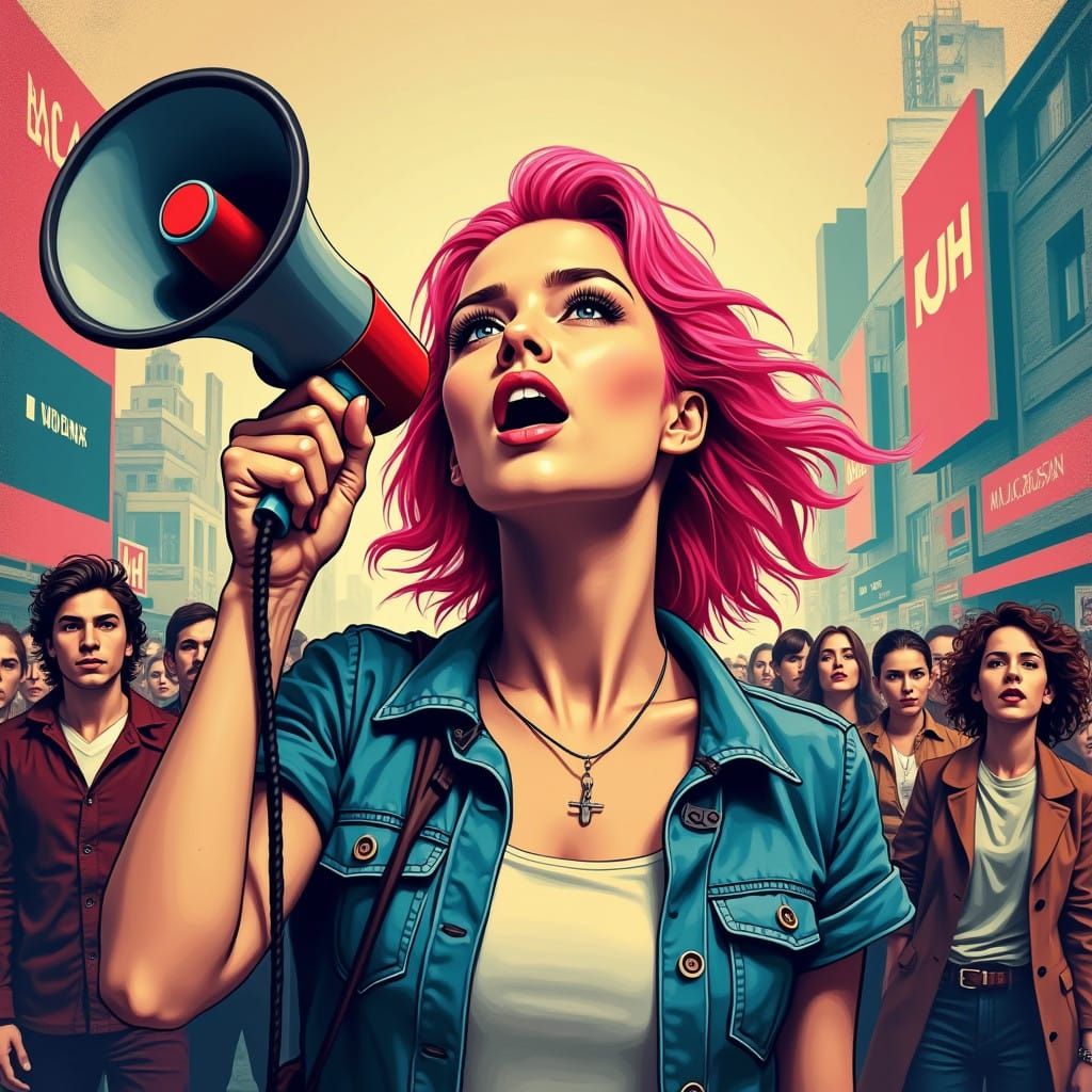 Young Woman Raises Voice Amidst Urban Chaos in Graphic Reali...