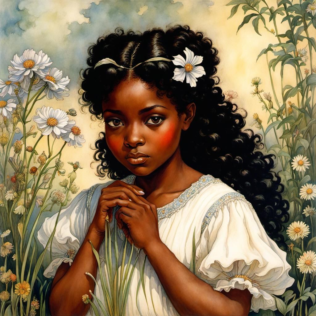 Black Girl in Wildflower Garden: Classical Portrait