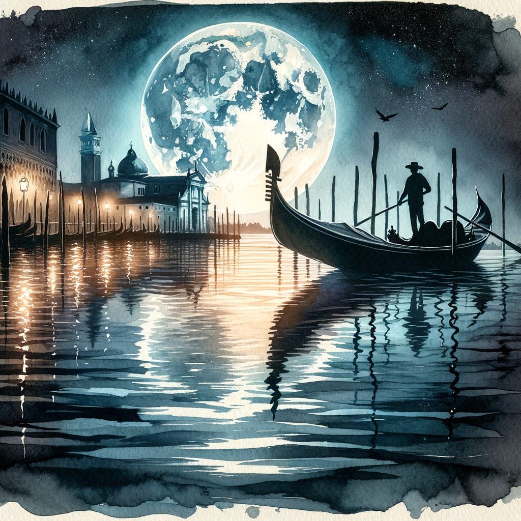 Venetian Gondola at Night in Watercolor Style