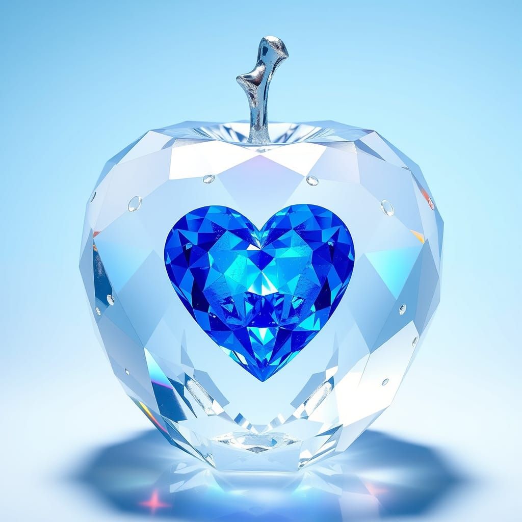 Crystal Apple with Glittering Blue Heart in Faceted Glory