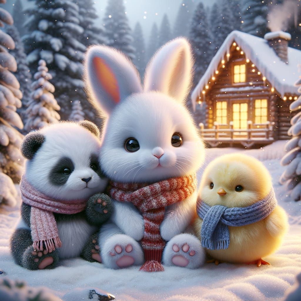 Adorable Winter Trio in Cozy Snowy Scene
