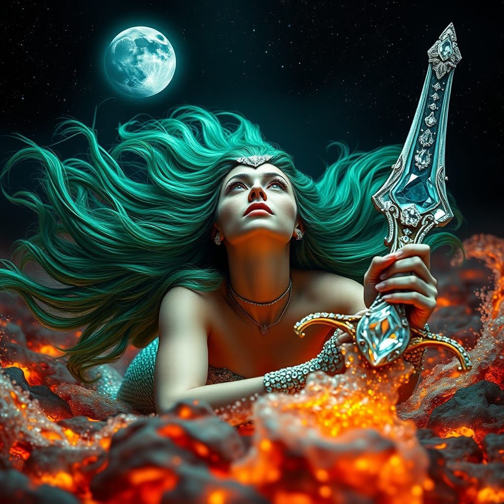 Regal Emerald Mermaid in Magma, Staring Up at Starry Night