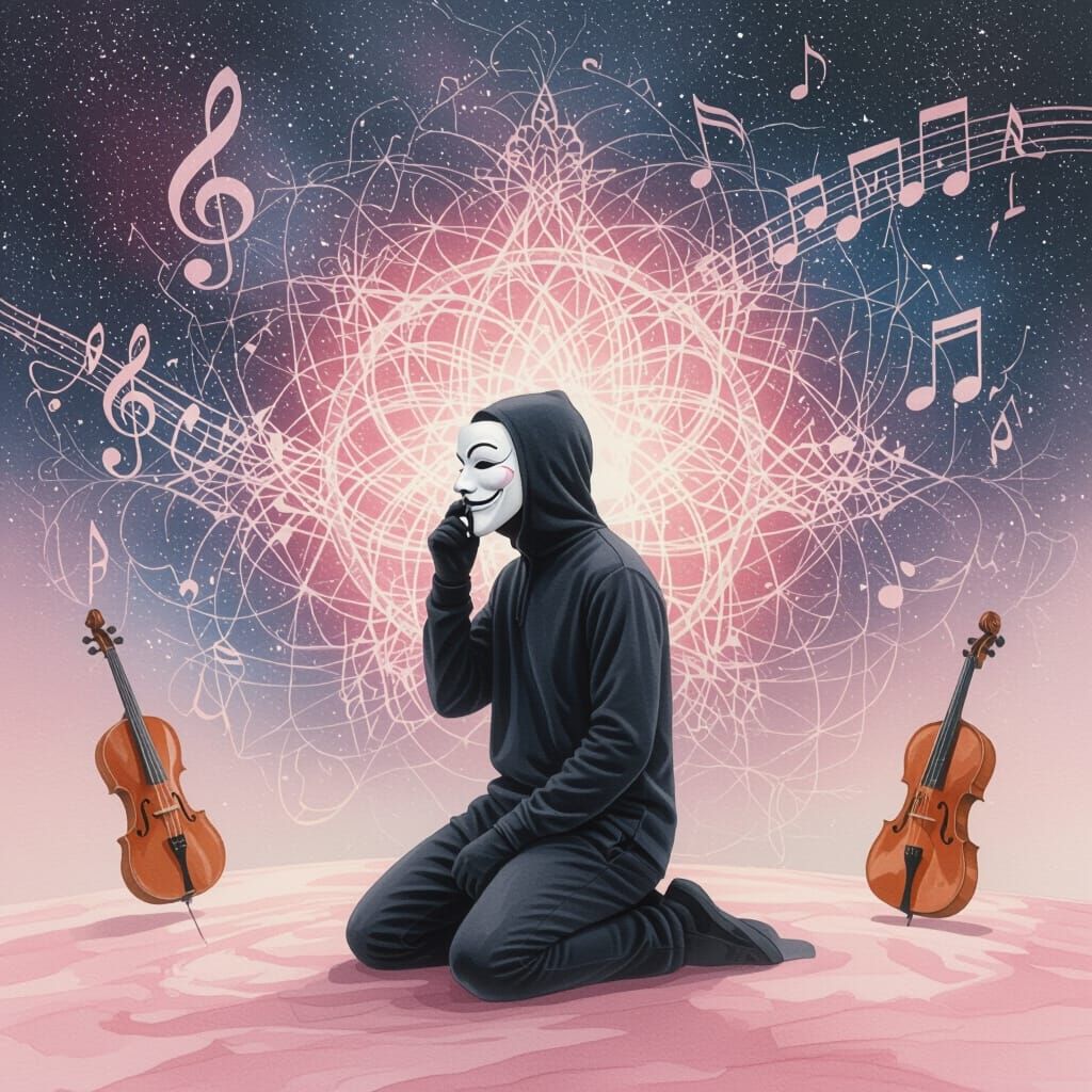 Anonymous Figure Kneeling in Cosmic Fractals
